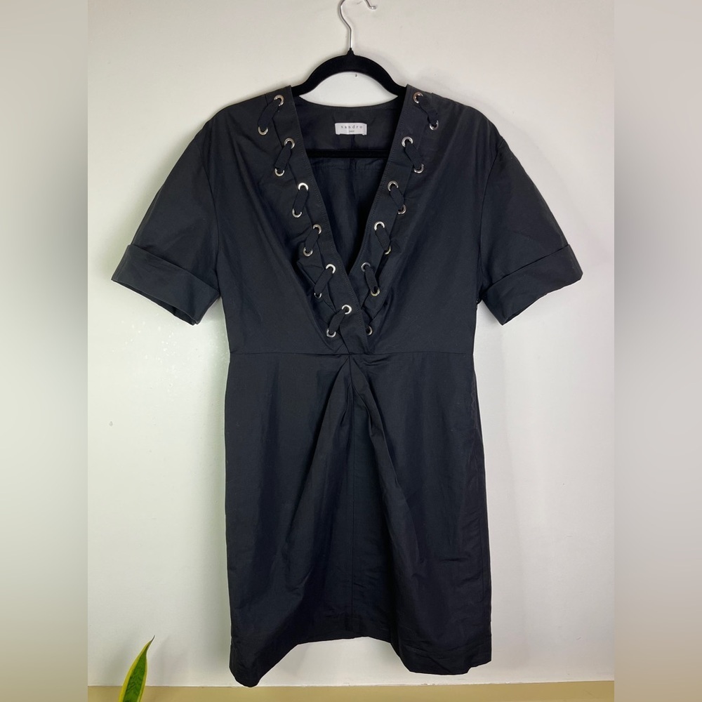 NWT Sandro Clara Lace-Up Black Mini Dress Linen FR 40 US 8 Gothic Academia LBD - Picture 13 of 14